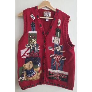 VTG Red Holiday Knit Sweater Button Up Sz L